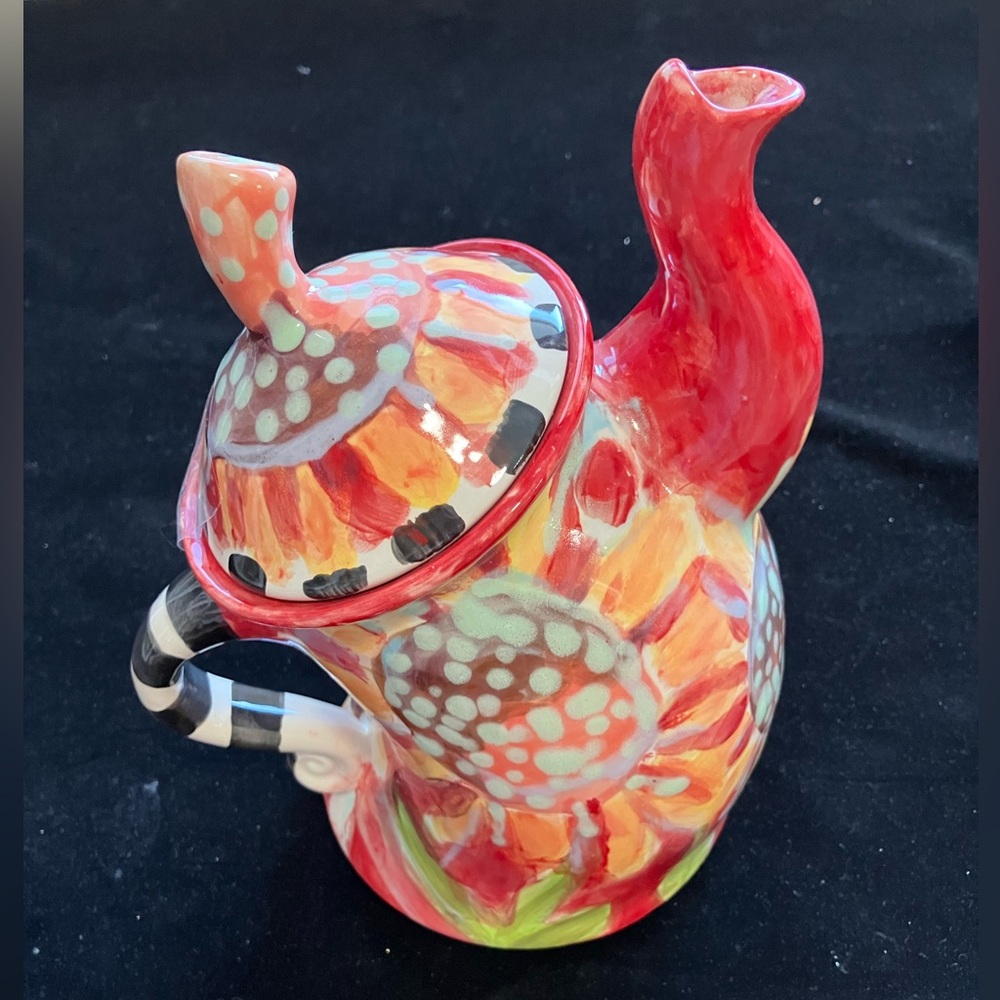 Hand painted Whimsical Sunflowers Ceramic Tea Pot Design Scarlet Color 9”